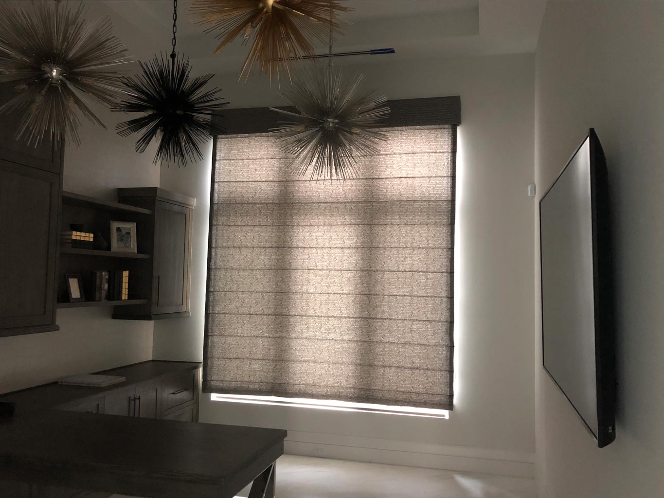 custom roman shade in a home office by Nez Designs