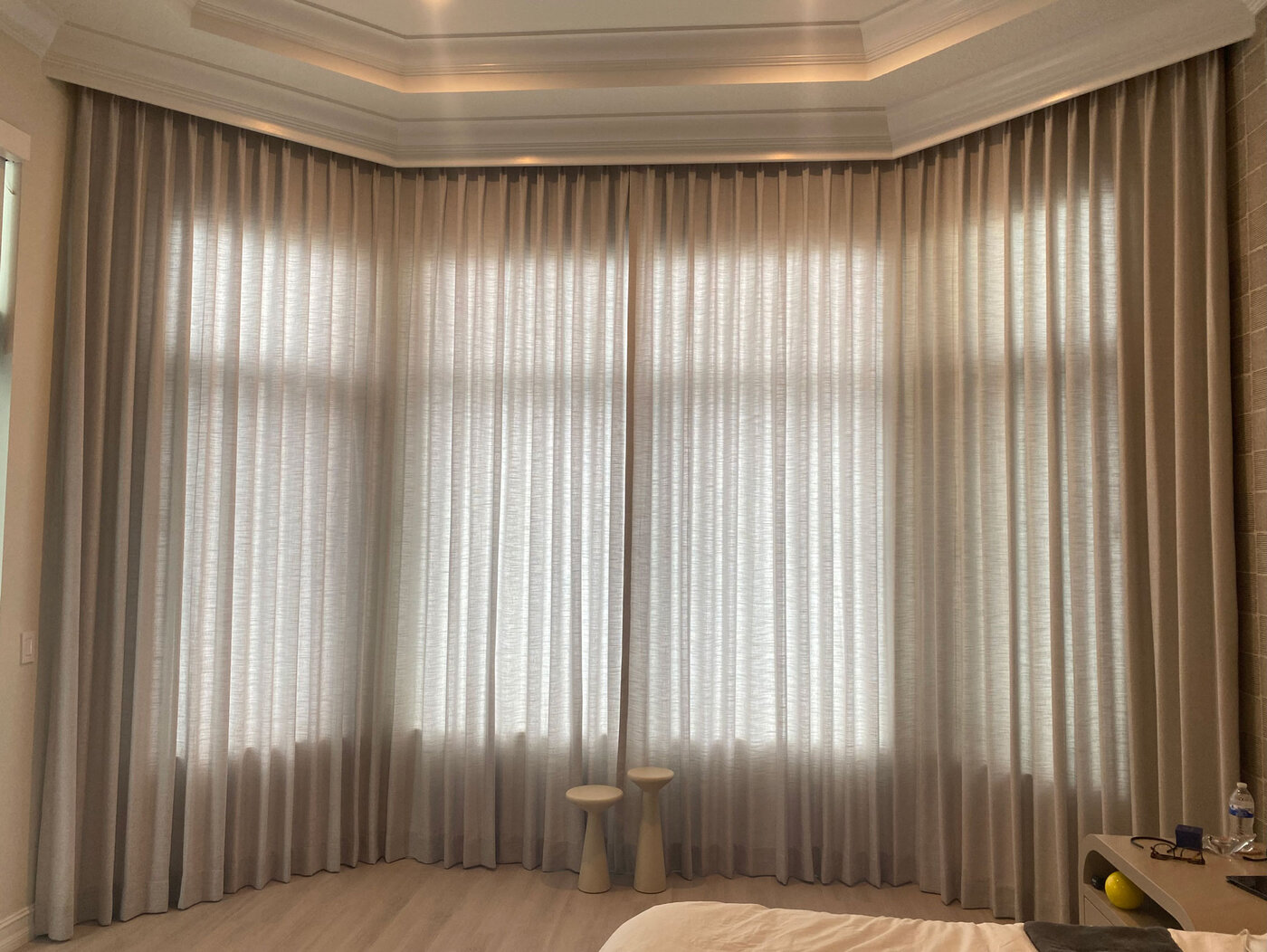 custom sheer drapery in a bay window by Nez Designs